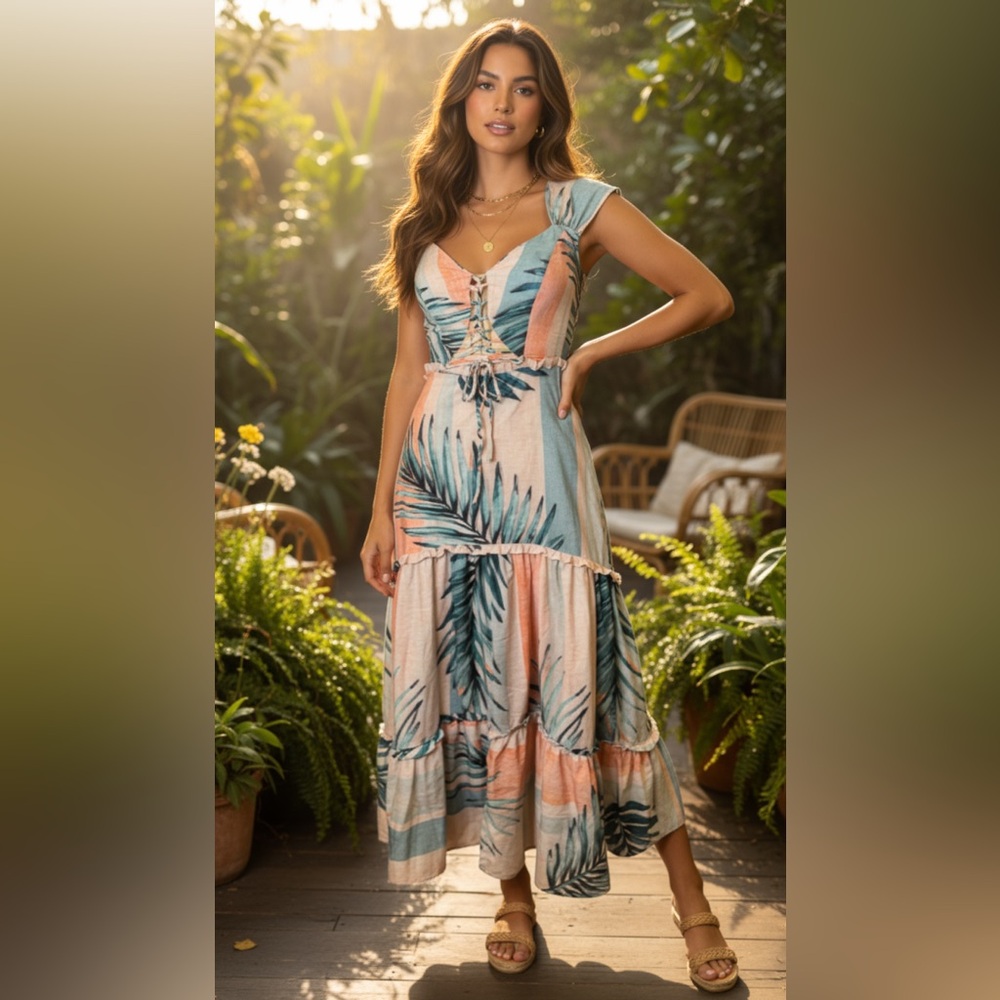 MC COMPANY Tropical Lace-Up Tiered Maxi Dress- Size 4